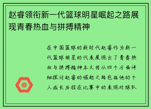 赵睿领衔新一代篮球明星崛起之路展现青春热血与拼搏精神